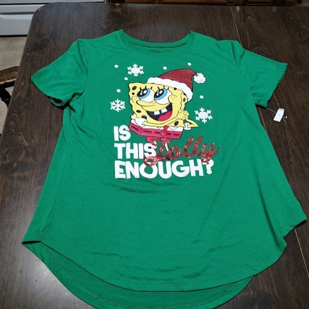 New Nickelodeon Green Sponge Bob Is This Jolly Enough Shirt Size Junior XL 15/17